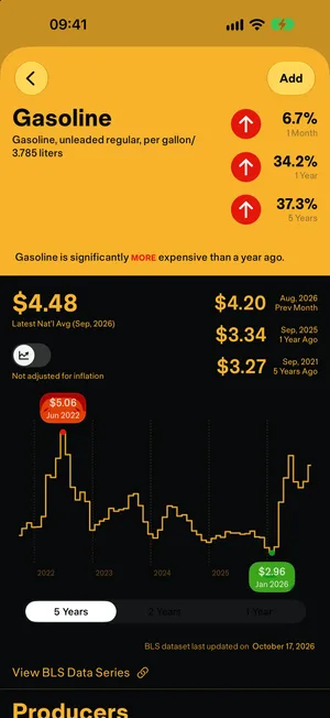 The gasoline detail screen with a five-year price chart.